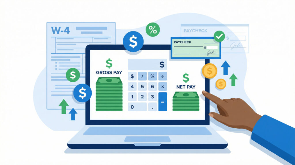 Annual salary calculator showing net pay vs gross income breakdown 2026