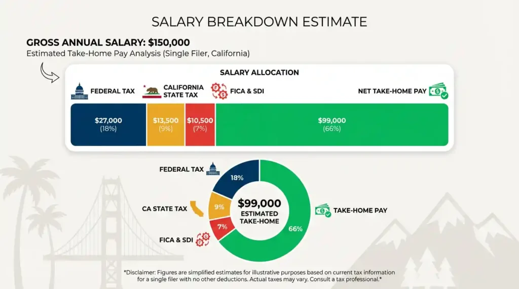 150k after taxes California - take-home pay breakdown showing federal tax, state tax, FICA, and net income for 2026