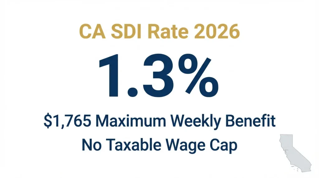 CA SDI Rate 2026, California State Disability Insurance withholding rate of 1.3% with no wage cap
