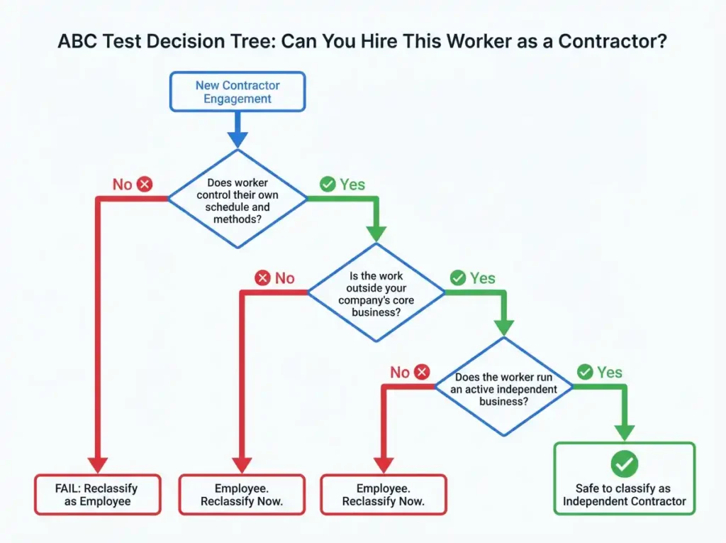 Flowchart decision tree for California ABC Test showing three yes or no questions to determine if a worker can legally be classified as an independent contractor in 2026