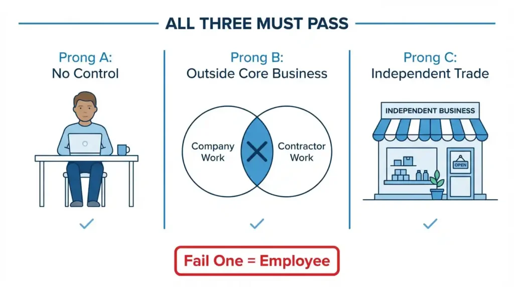 California ABC Test three prongs diagram showing Prong A control, Prong B usual course of business, and Prong C independent trade requirements for 2026