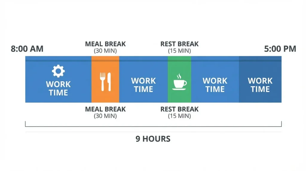 California meal and rest break schedule by shift length under 2026 labor law