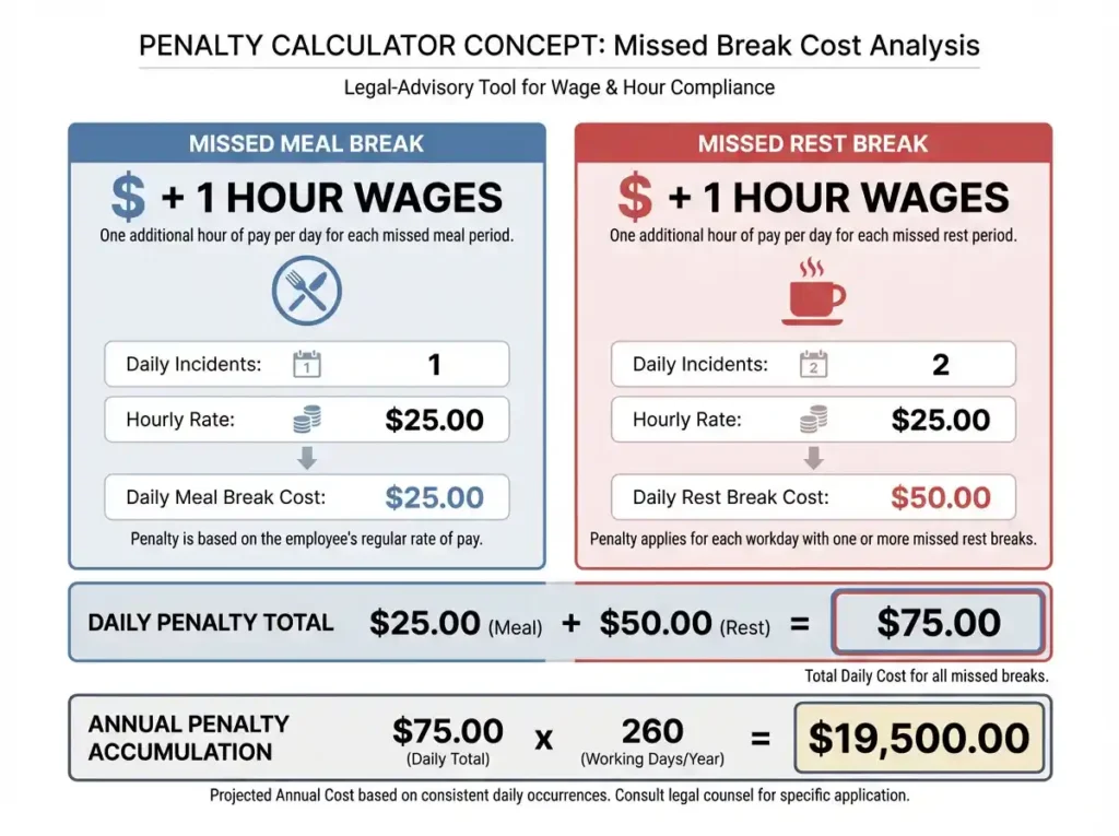 Infographic showing how California missed break penalties add up daily and annually at 2026 minimum wage