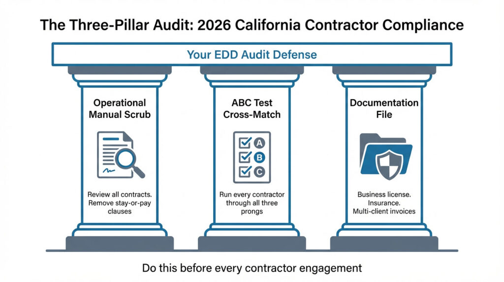 Three-Pillar Audit diagram for California contractor compliance in 2026 showing the Operational Manual Scrub, ABC Test Cross-Match, and Documentation File steps