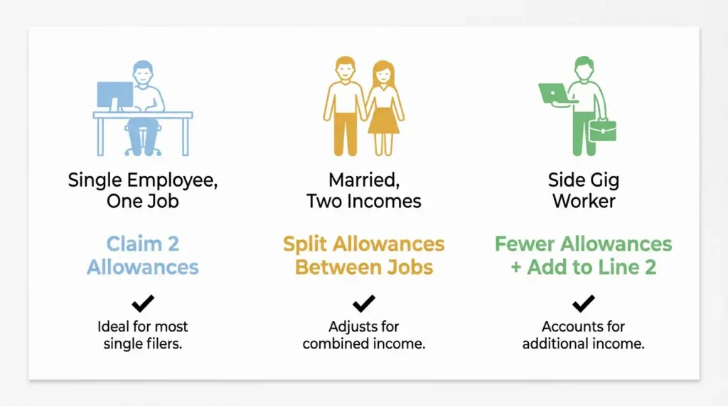 Three-column comparison chart showing the correct California DE 4 allowance strategy for a single employee, a married couple with two incomes, and a worker with side gig income