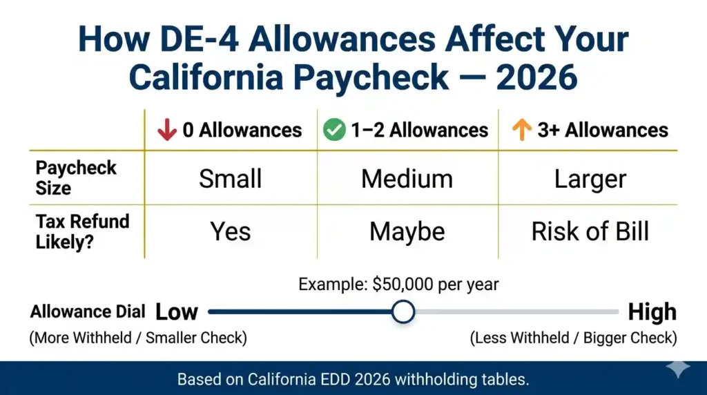 Comparison chart showing how 0, 1 to 2, and 3 or more DE-4 allowances affect California paycheck size and tax refund in 2026