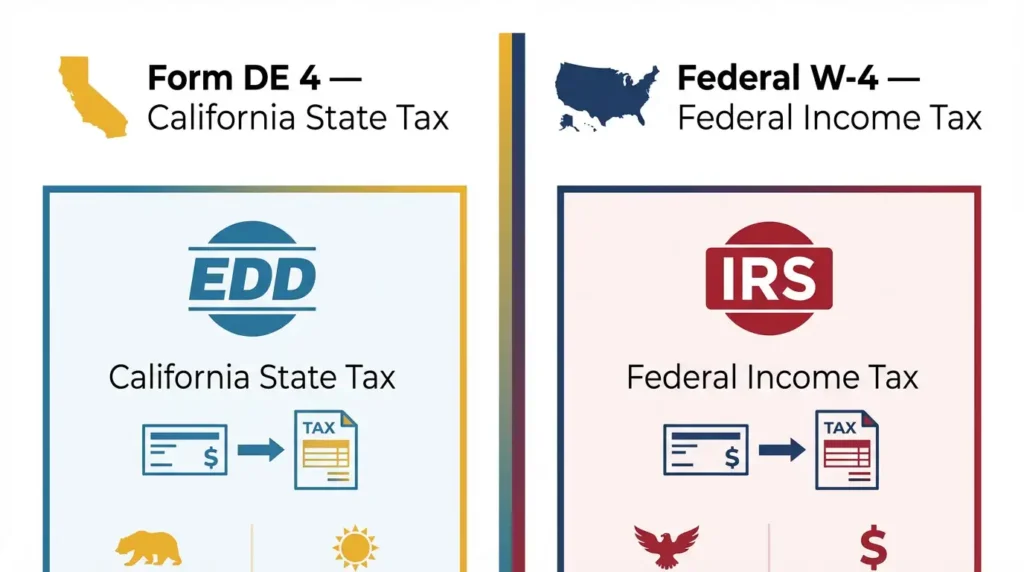 Side-by-side comparison of California Form DE 4 and federal Form W-4 showing which agency controls each form and how they differ