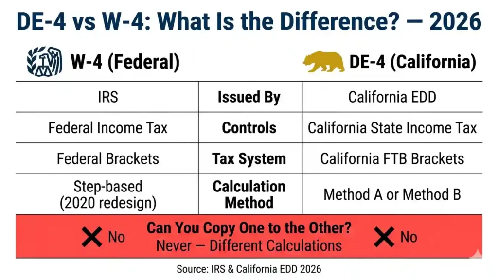Side-by-side comparison chart of California DE-4 and federal W-4 forms showing differences in purpose, tax system, and calculation method for 2026