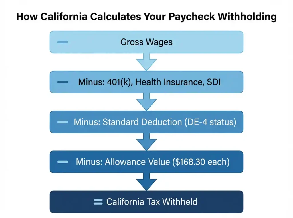 Flowchart showing California DE-4 withholding calculation steps from gross wages to final state tax withheld for 2026