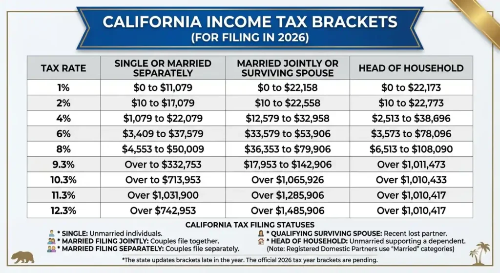 A professional comparison table showing California income tax rates and brackets for Single, Married Filing Jointly, and Head of Household filing statuses for the 2026 filing year.