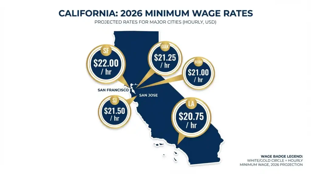 California minimum wage by city 2026 — map showing San Francisco $18.67, Los Angeles $17.28, San Jose $17.55, Oakland $16.50, Berkeley $18.67