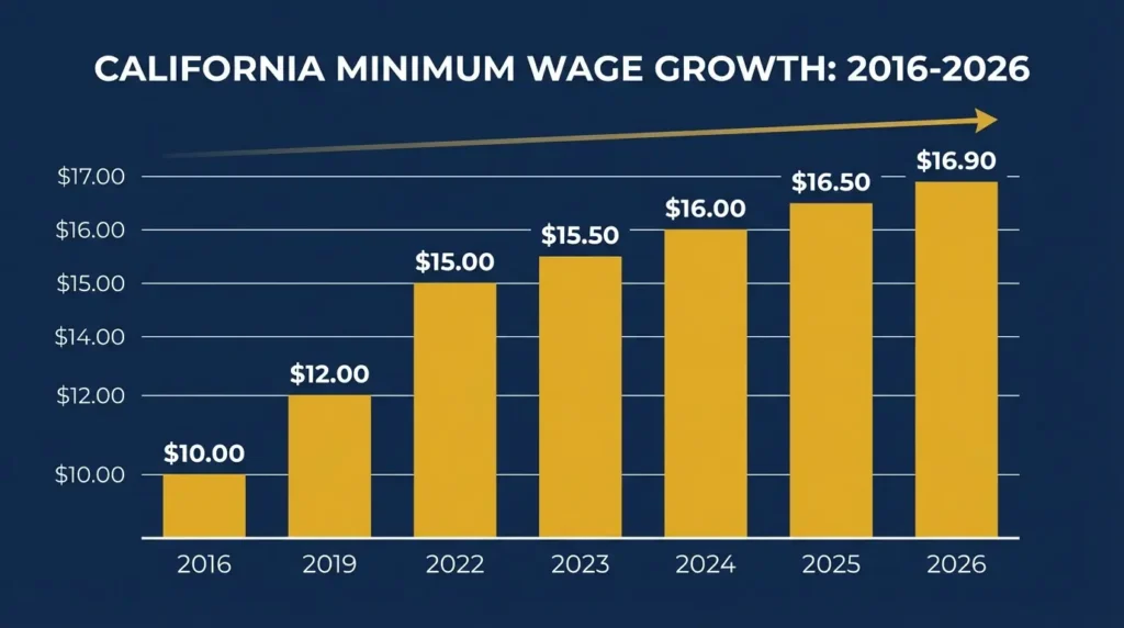 
California minimum wage history chart 2016 to 2026 showing step increases from $10.00 to $16.90 per hour