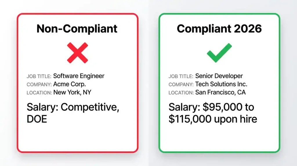 Side by side comparison of a non-compliant California job posting showing DOE salary versus a compliant 2026 job posting showing a specific salary range upon hire