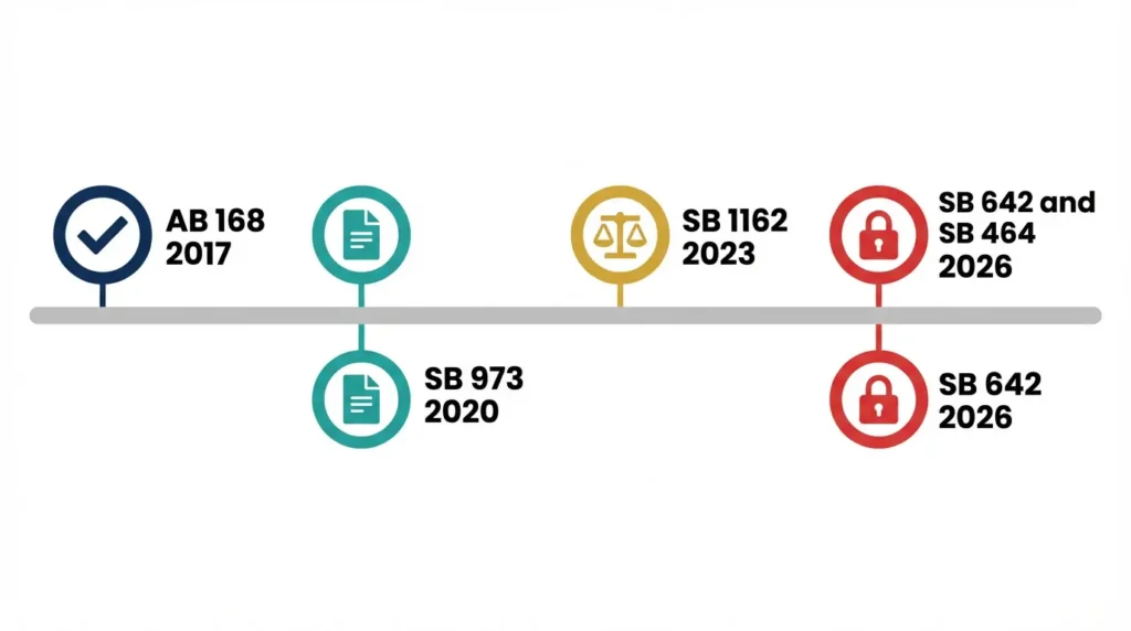 California pay transparency law timeline from AB 168 in 2017 to SB 642 and SB 464 in 2026