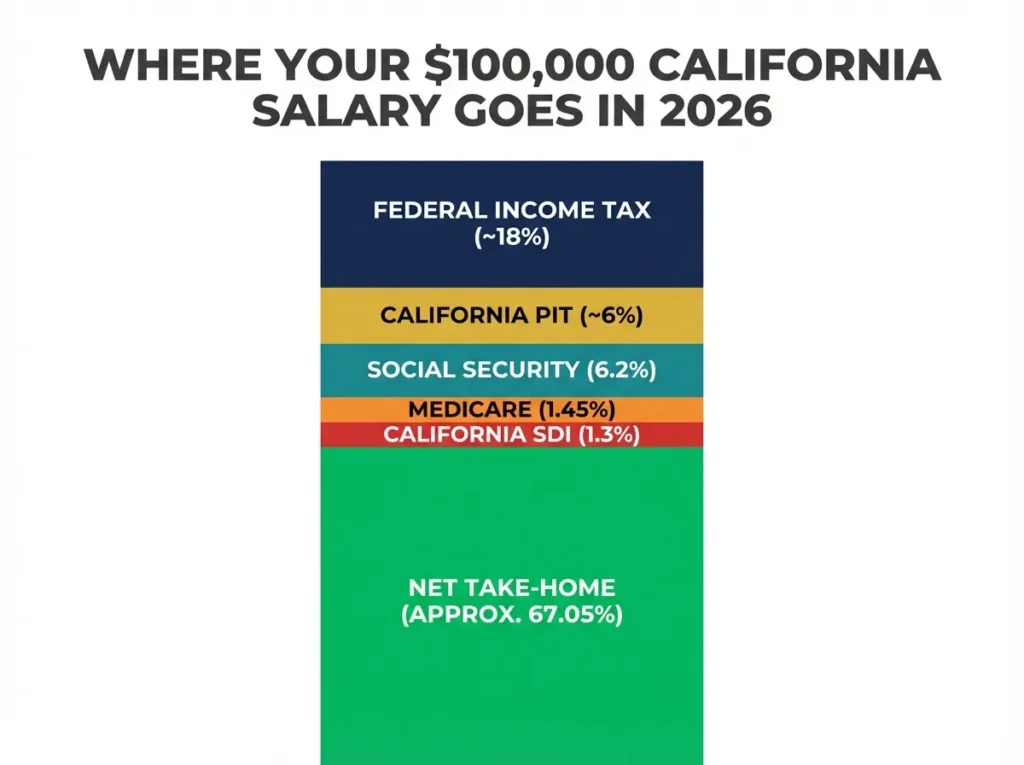 California paycheck deduction breakdown infographic showing all six tax layers on a $100,000 salary in 2026