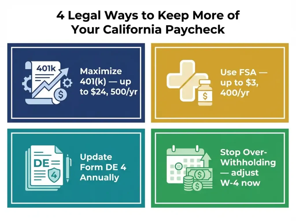 Four legal strategies to increase California take-home pay in 2026 including 401k FSA DE-4 and withholding adjustments