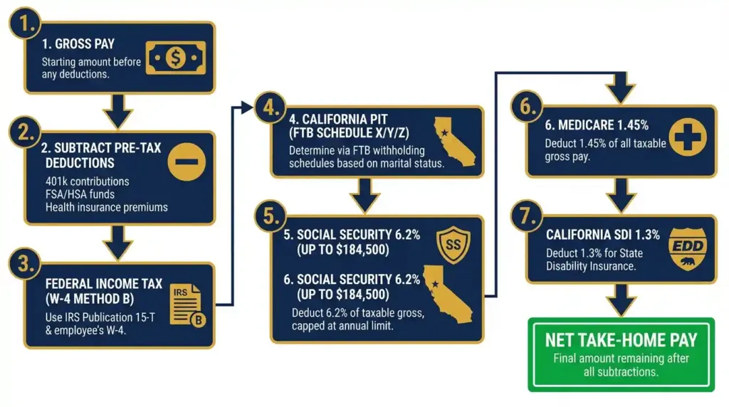 Seven-step manual California paycheck calculation flowchart for 2026 showing each deduction in order
