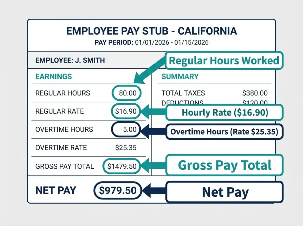 Annotated California pay stub showing minimum wage calculation at $16.90 per hour with gross pay, overtime rate, and net pay labeled for 2026