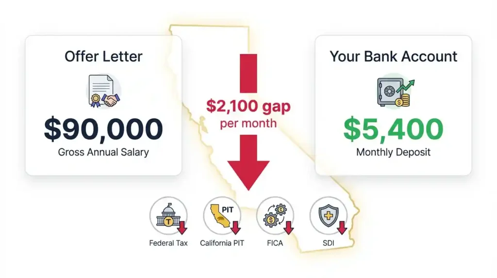 California gross salary versus actual net take-home pay comparison showing $90,000 offer versus $5,400 monthly deposit in 2026