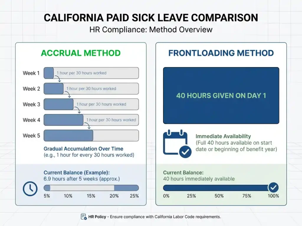 Side by side comparison of California sick leave accrual method versus frontloading method for 2026