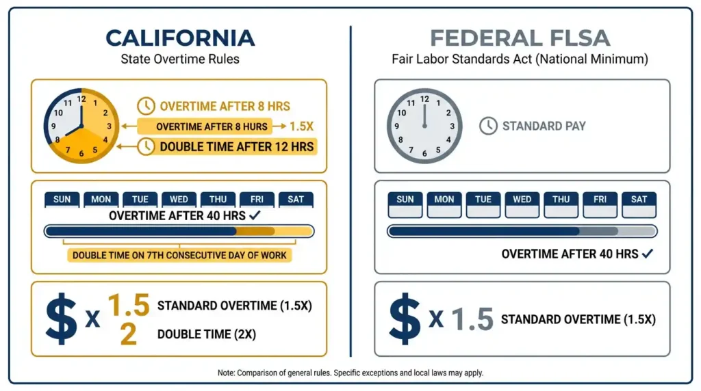 California vs federal overtime rules comparison showing daily 8-hour trigger and double-time pay versus federal 40-hour weekly only standard