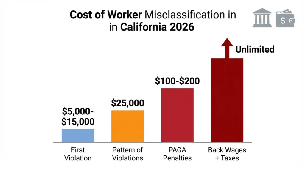 Bar chart showing California worker misclassification penalty costs in 2026 including $5,000 to $25,000 fines, PAGA penalties, and unlimited back wage liability