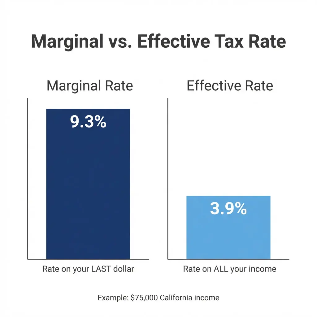 Diagram comparing marginal tax rate of 9.3% versus effective tax rate of 3.9% for a $75,000 California income in 2026