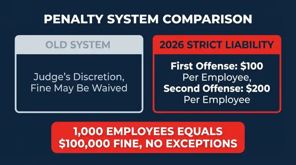SB 464 strict liability penalty comparison showing $100 per employee first offense and $200 per employee second offense for California pay data reporting