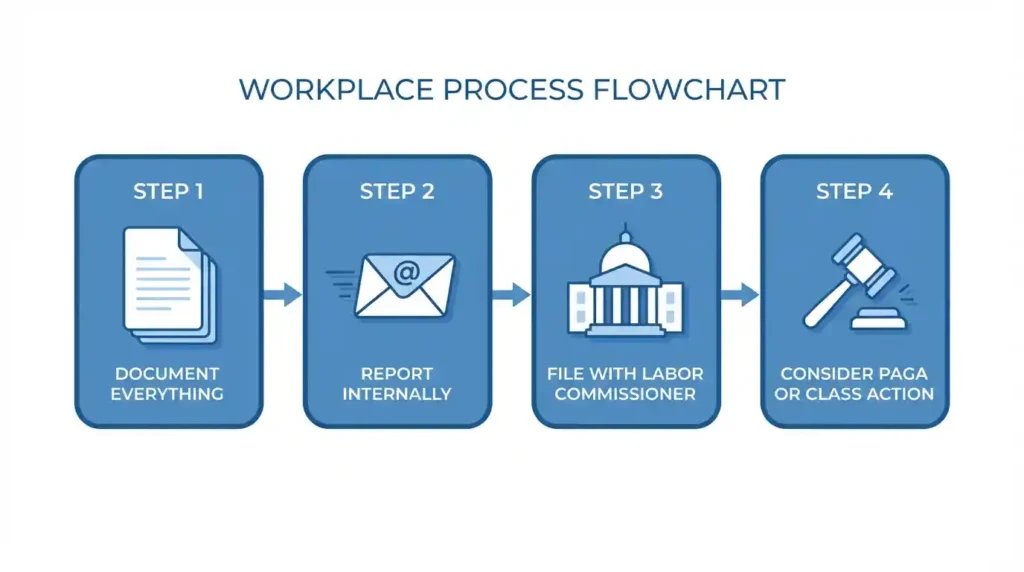 Four-step process for California employees to report and file a missed break violation claim