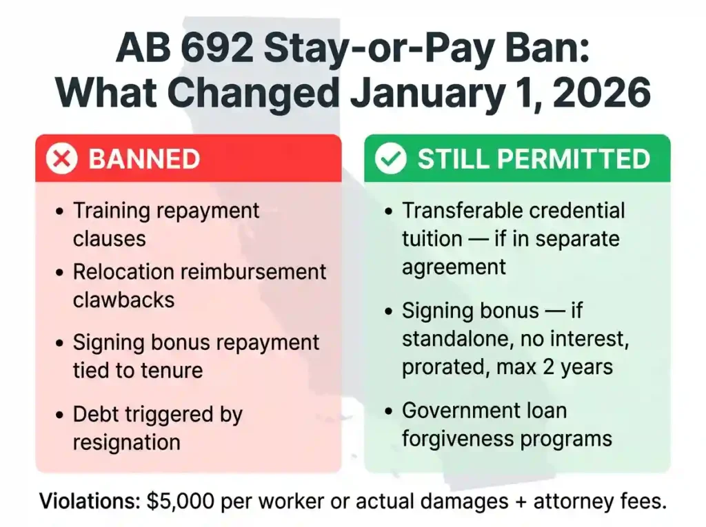 Infographic comparing banned and permitted employment contract terms under California AB 692 stay-or-pay ban effective January 1 2026