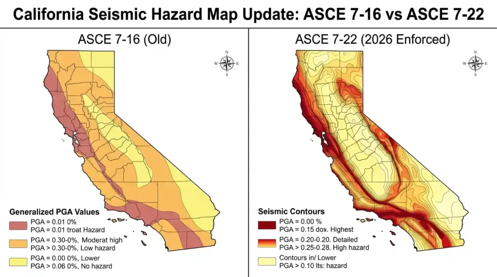Side by side comparison of California seismic hazard maps under ASCE 7-16 and the 2026 enforced ASCE 7-22 standard showing updated hazard zones