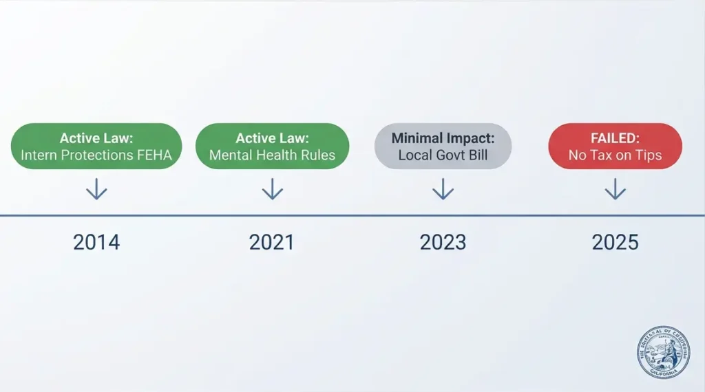 California AB 1443 legislative timeline showing four bill versions from 2014 to 2025 with active and failed status indicators