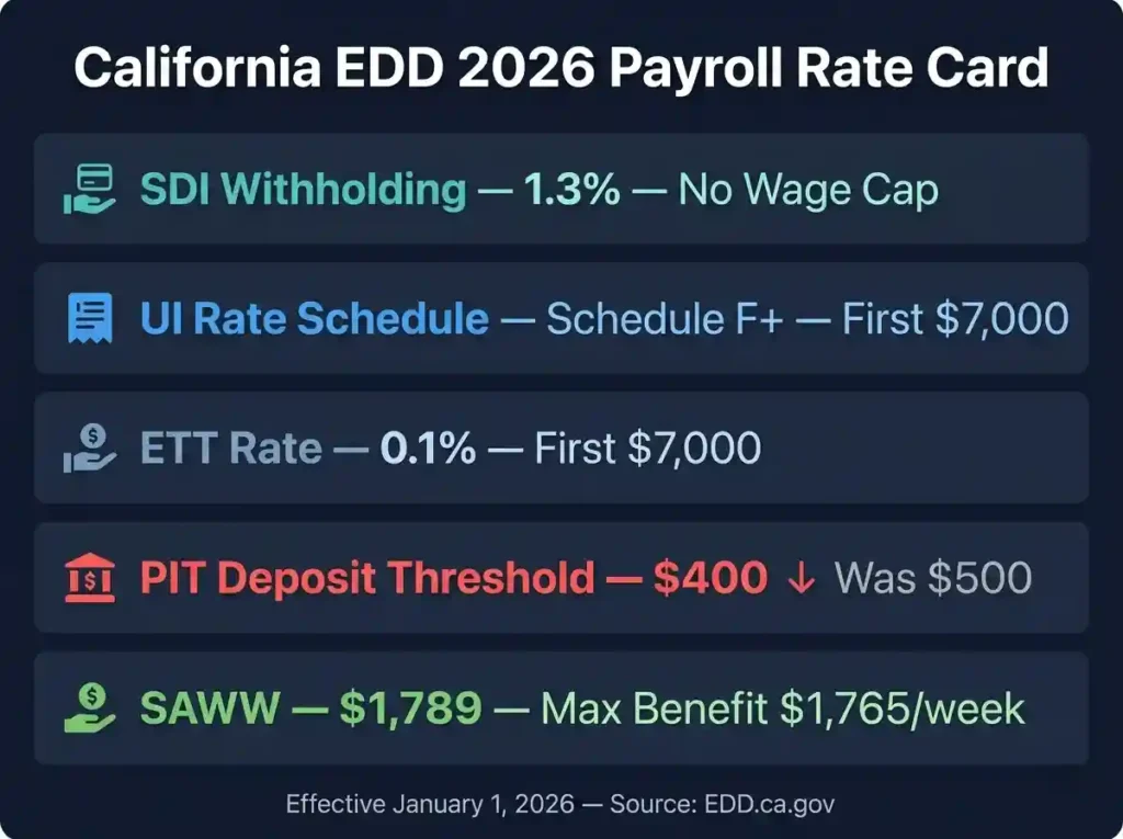 California EDD 2026 payroll rate card showing SDI 1.3 percent, UI Schedule F plus, ETT 0.1 percent, PIT deposit threshold 0, and SAWW ,789