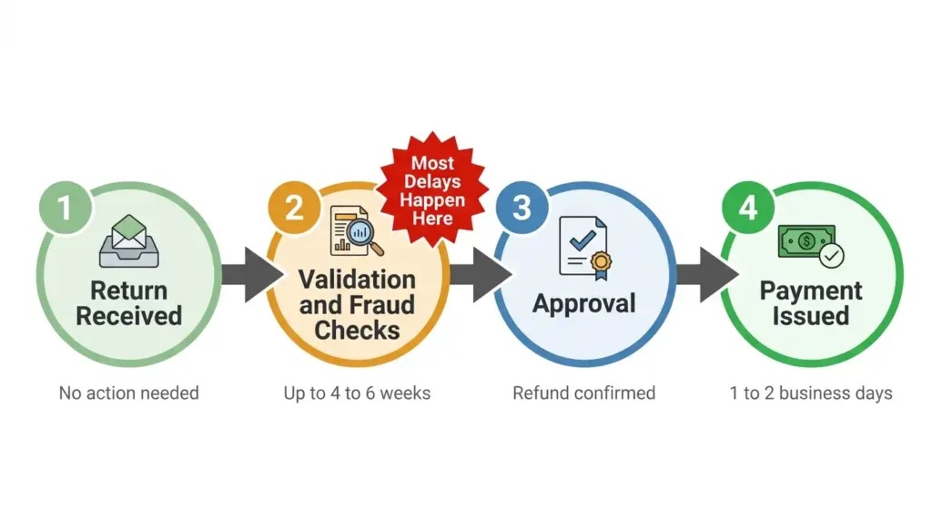 Flow diagram showing the four internal FTB processing stages for a California state tax refund in 2026, with Stage 2 validation highlighted as the most common delay point