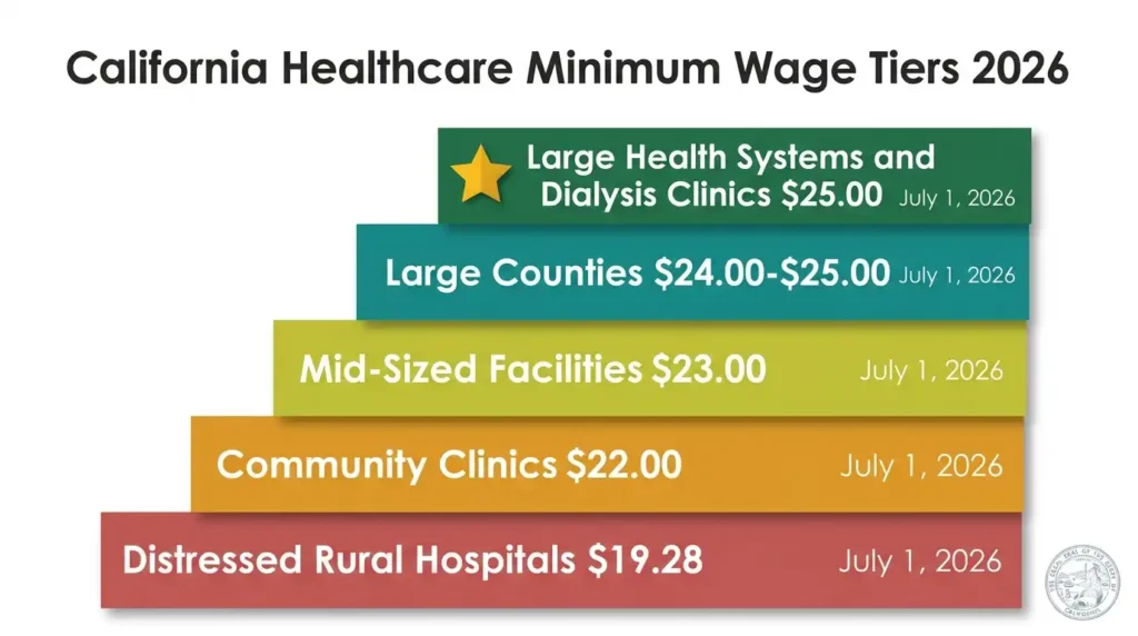 Bar chart showing California healthcare minimum wage tiers in 2026 ranging from $19.28 for rural hospitals to $25.00 for large health systems under SB 525