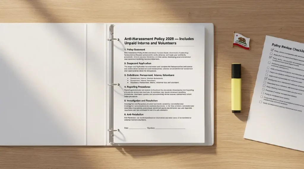 Open anti-harassment policy binder on a California HR professional's desk showing 2026 FEHA intern protection compliance document