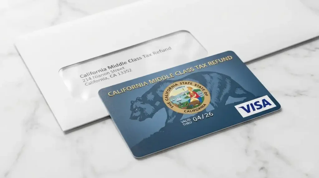 California Middle Class Tax Refund MCTR Visa prepaid debit card with April 2026 expiration date and California state grizzly bear design