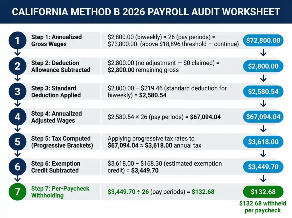 Step-by-step California Method B 2026 withholding calculation for a single employee earning $2,800 biweekly showing each step from gross wages to $132.68 final withholding