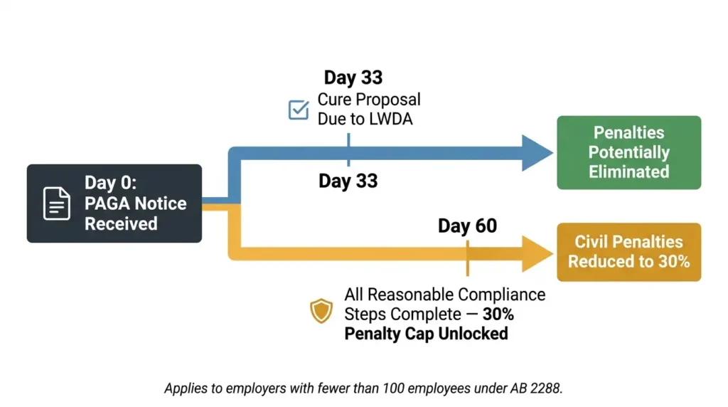 Timeline diagram showing California PAGA cure window: 33-day cure proposal deadline and 60-day reasonable steps window for small employers under AB 2288