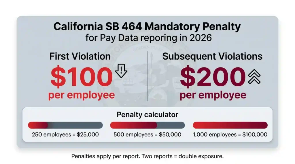 California SB 464 mandatory pay data reporting penalty chart showing $100 per employee first violation and $200 per employee for subsequent violations under 2026 law