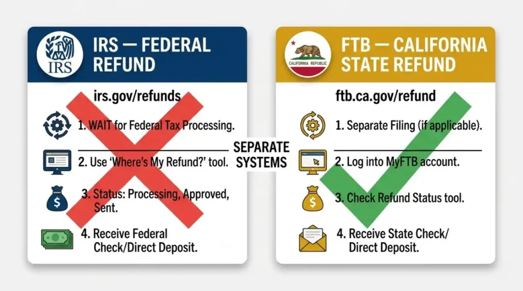Diagram showing California FTB refund tracker and IRS federal refund tracker as two completely separate systems in 2026