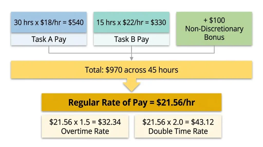 Step-by-step diagram showing how to calculate the weighted average regular rate of pay in California when an employee has multiple pay rates and a non-discretionary bonus
