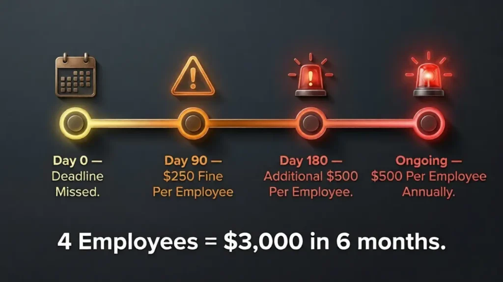 CalSavers FTB penalty timeline for California employers in 2026 showing 0 per employee at 90 days and 0 per employee at 180 days