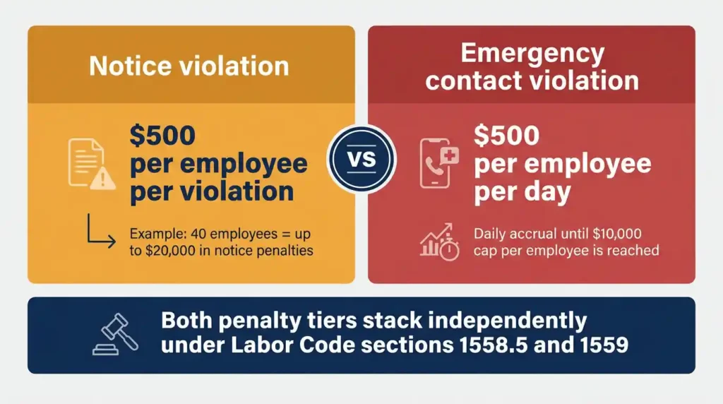 SB 294 penalty comparison infographic showing $500 per employee notice violation versus $500 per day emergency contact violation capped at $10,000 for California employers in 2026