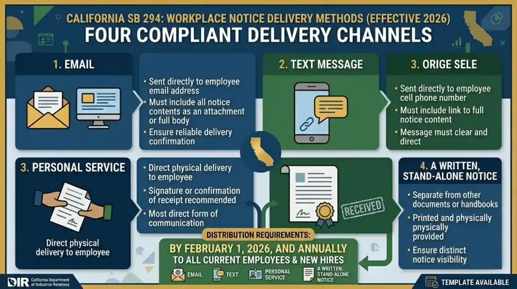 Three valid SB 294 notice delivery methods for California employers in 2026 showing email with read receipt, HR platform acknowledgment, and in-person signed form, with a red banner marking the bundled handbook approach as non-compliant