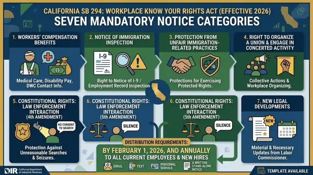 Hub and spoke diagram showing the seven mandatory rights categories required in every California SB 294 Workplace Know Your Rights notice under Labor Code sections 1550 to 1559