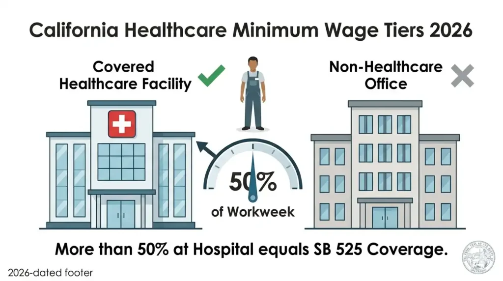 Diagram explaining the SB 525 50 percent contractor rule showing a janitorial worker splitting time between a California hospital and an office building