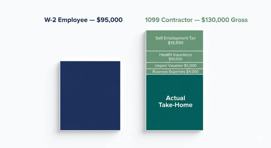 Side-by-side bar chart comparing net take-home pay for a $95,000 W-2 employee versus a $130,000 1099 contractor in 2026 after taxes and expenses