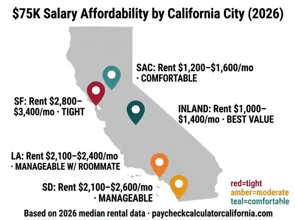 California map showing K salary affordability by city in 2026, with rent ranges and comfort ratings for San Francisco, Los Angeles, San Diego, Sacramento, and inland cities