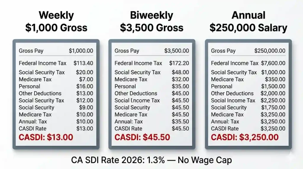 CA SDI 2026 paycheck deduction comparison showing weekly, .50 biweekly, and ,250 annual for a 0,000 salary